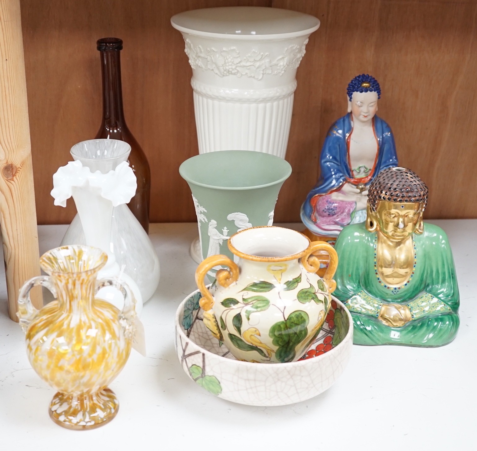 Three glass vases and an engraved bottle, two ceramic budai, Wedgwood Etruria vase, a jasper ware vase etc (10), Etruria vase 33cms high
